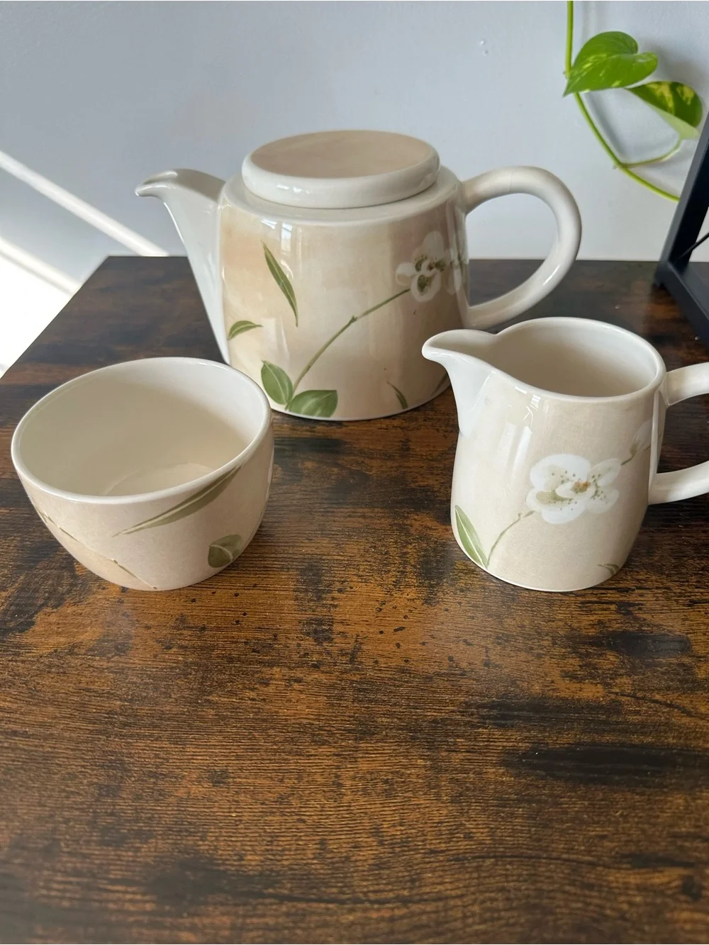 Crate and Barrel Cream Floral Ceramic Tea Set - Teapot, Creamer & Sugar Bowl